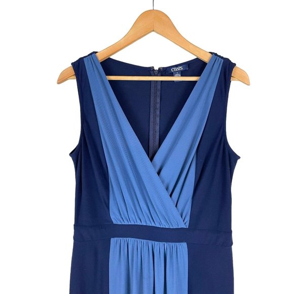 Chaps Dress Women Size Medium Midi Length Grecian Draped Bodice Blue On Blue - Picture 5 of 15